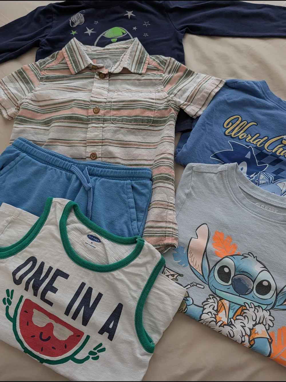 Boys Summer Mix: Cartoon Tees, Striped Polo & Shorts 6pcs Bundle Size 4T